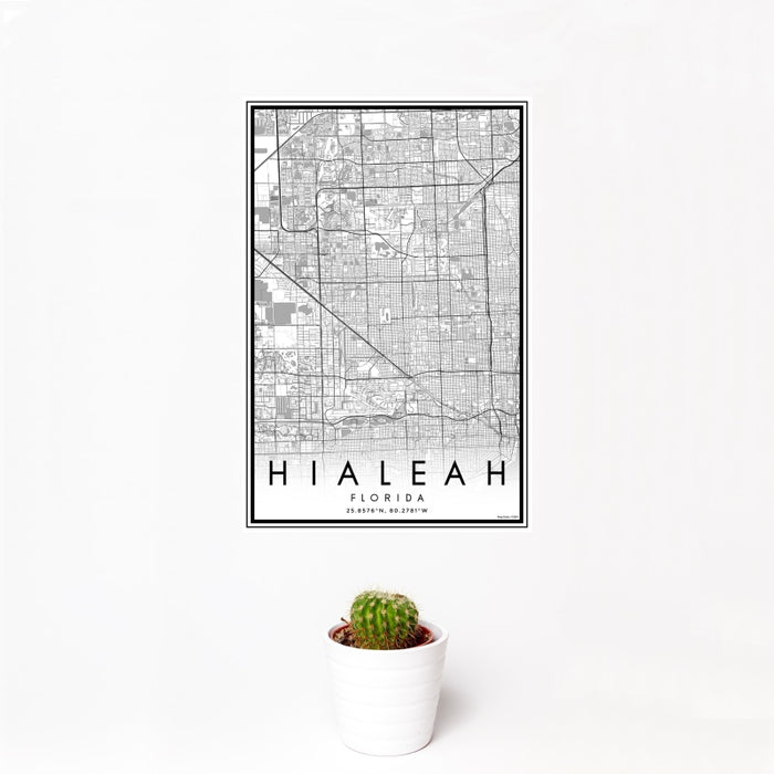 12x18 Hialeah Florida Map Print Portrait Orientation in Classic Style With Small Cactus Plant in White Planter