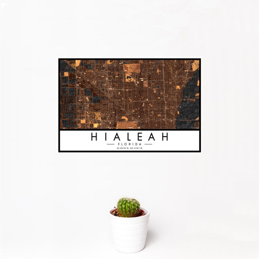 12x18 Hialeah Florida Map Print Landscape Orientation in Ember Style With Small Cactus Plant in White Planter