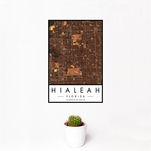 12x18 Hialeah Florida Map Print Portrait Orientation in Ember Style With Small Cactus Plant in White Planter