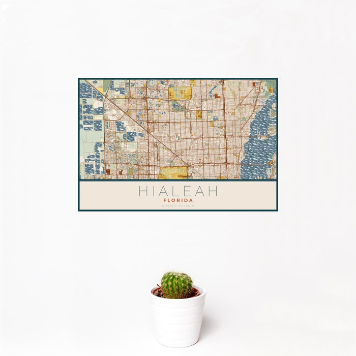 12x18 Hialeah Florida Map Print Landscape Orientation in Woodblock Style With Small Cactus Plant in White Planter