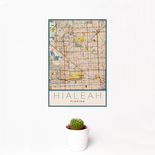 12x18 Hialeah Florida Map Print Portrait Orientation in Woodblock Style With Small Cactus Plant in White Planter