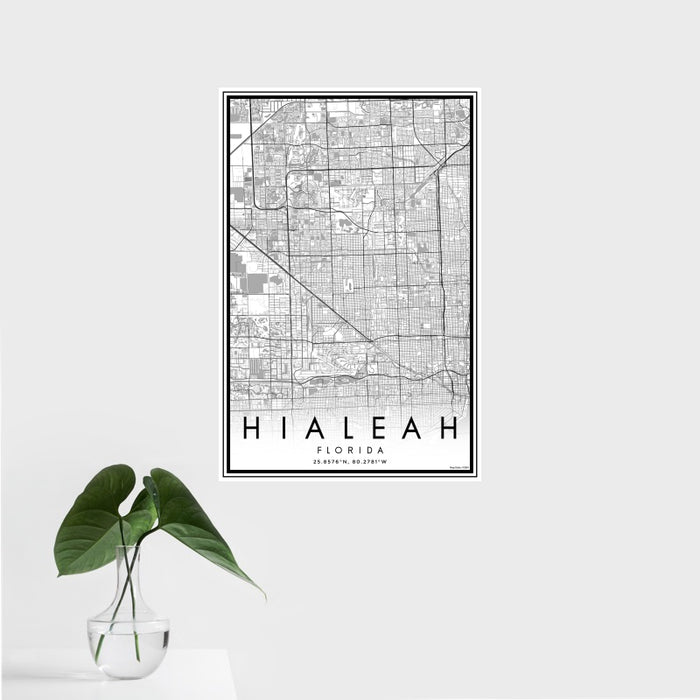 16x24 Hialeah Florida Map Print Portrait Orientation in Classic Style With Tropical Plant Leaves in Water