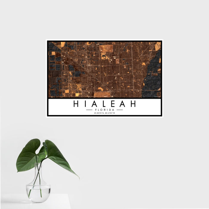 16x24 Hialeah Florida Map Print Landscape Orientation in Ember Style With Tropical Plant Leaves in Water