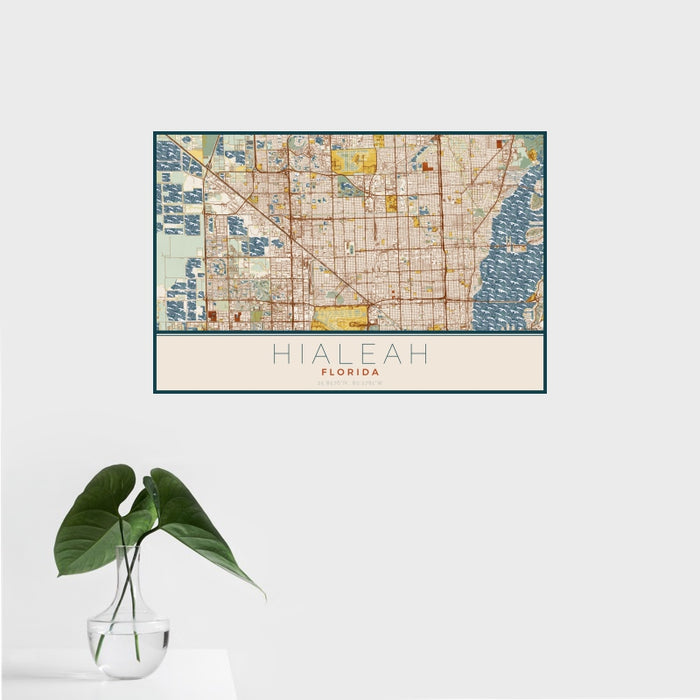 16x24 Hialeah Florida Map Print Landscape Orientation in Woodblock Style With Tropical Plant Leaves in Water
