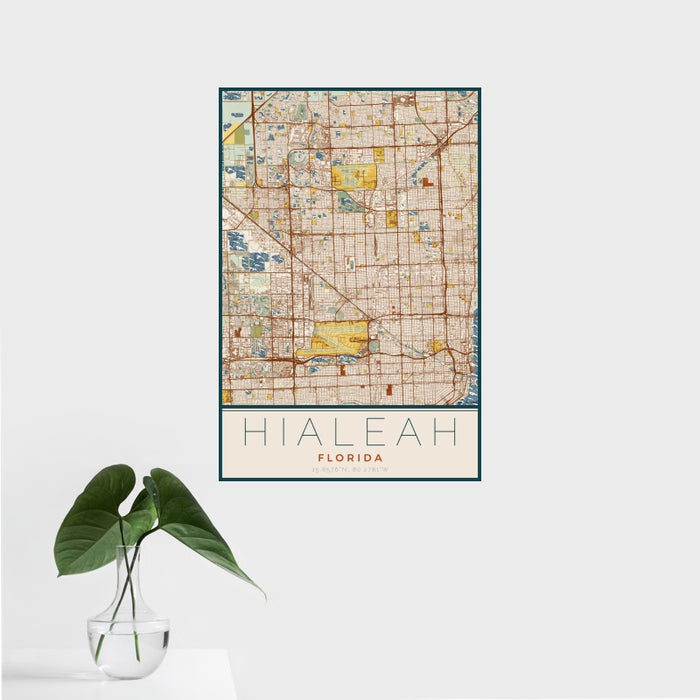 16x24 Hialeah Florida Map Print Portrait Orientation in Woodblock Style With Tropical Plant Leaves in Water