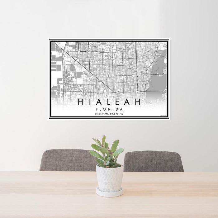 24x36 Hialeah Florida Map Print Lanscape Orientation in Classic Style Behind 2 Chairs Table and Potted Plant