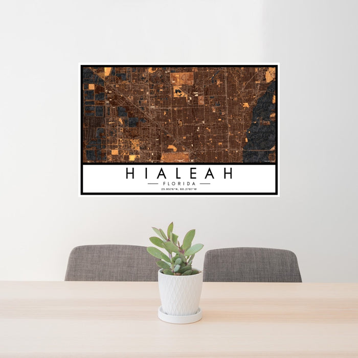 24x36 Hialeah Florida Map Print Lanscape Orientation in Ember Style Behind 2 Chairs Table and Potted Plant