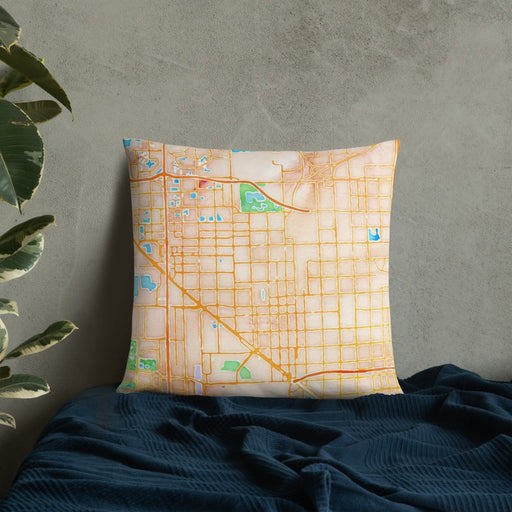 Custom Hialeah Florida Map Throw Pillow in Watercolor on Bedding Against Wall