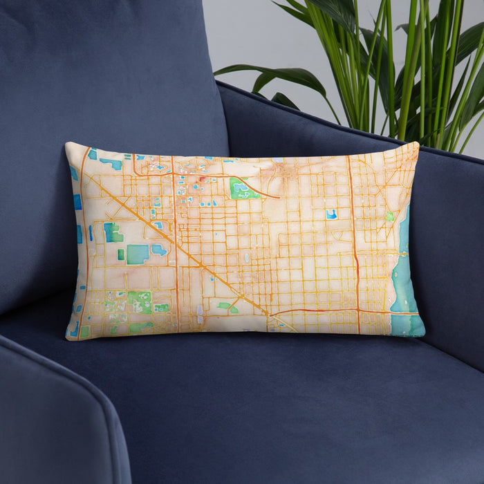 Custom Hialeah Florida Map Throw Pillow in Watercolor on Blue Colored Chair