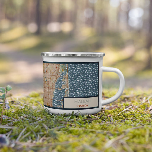Right View Custom Hialeah Florida Map Enamel Mug in Woodblock on Grass With Trees in Background