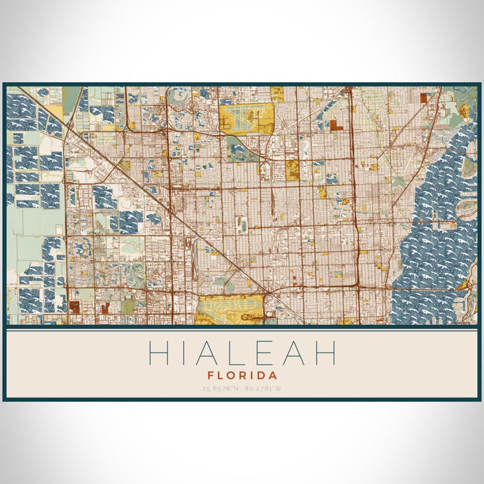Hialeah Florida Map Print Landscape Orientation in Woodblock Style With Shaded Background