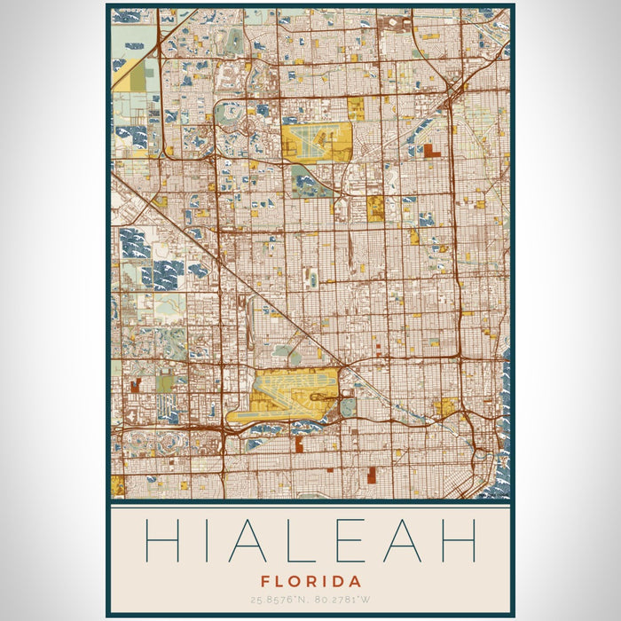 Hialeah Florida Map Print Portrait Orientation in Woodblock Style With Shaded Background
