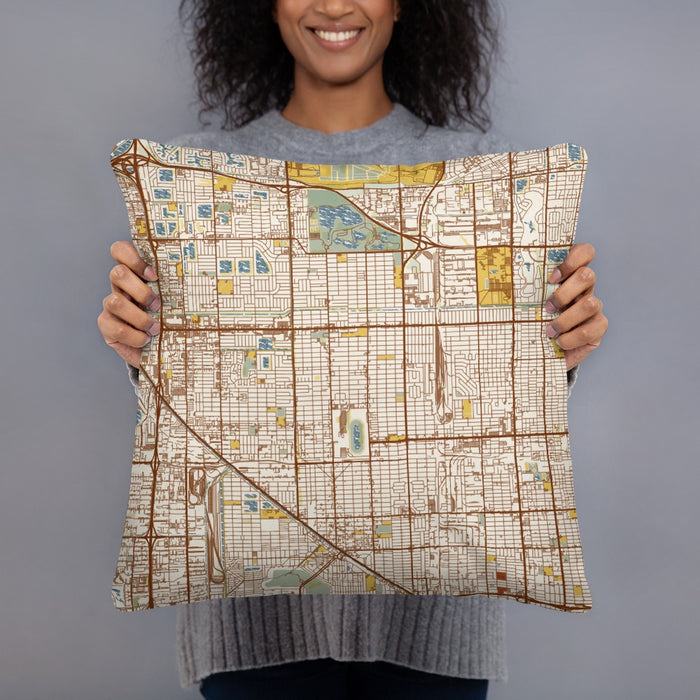 Person holding 18x18 Custom Hialeah Florida Map Throw Pillow in Woodblock