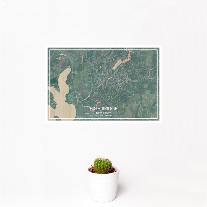 12x18 High Bridge New Jersey Map Print Landscape Orientation in Afternoon Style With Small Cactus Plant in White Planter