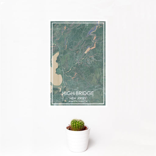 12x18 High Bridge New Jersey Map Print Portrait Orientation in Afternoon Style With Small Cactus Plant in White Planter