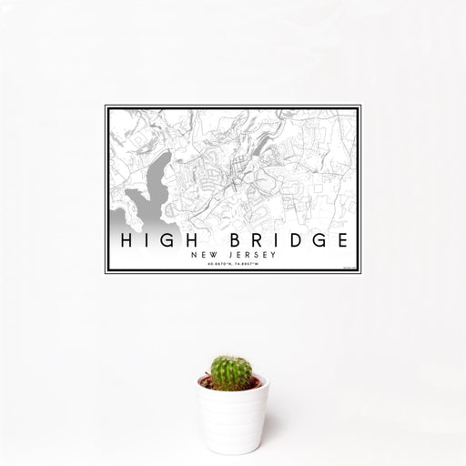 12x18 High Bridge New Jersey Map Print Landscape Orientation in Classic Style With Small Cactus Plant in White Planter