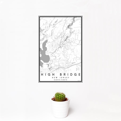 12x18 High Bridge New Jersey Map Print Portrait Orientation in Classic Style With Small Cactus Plant in White Planter