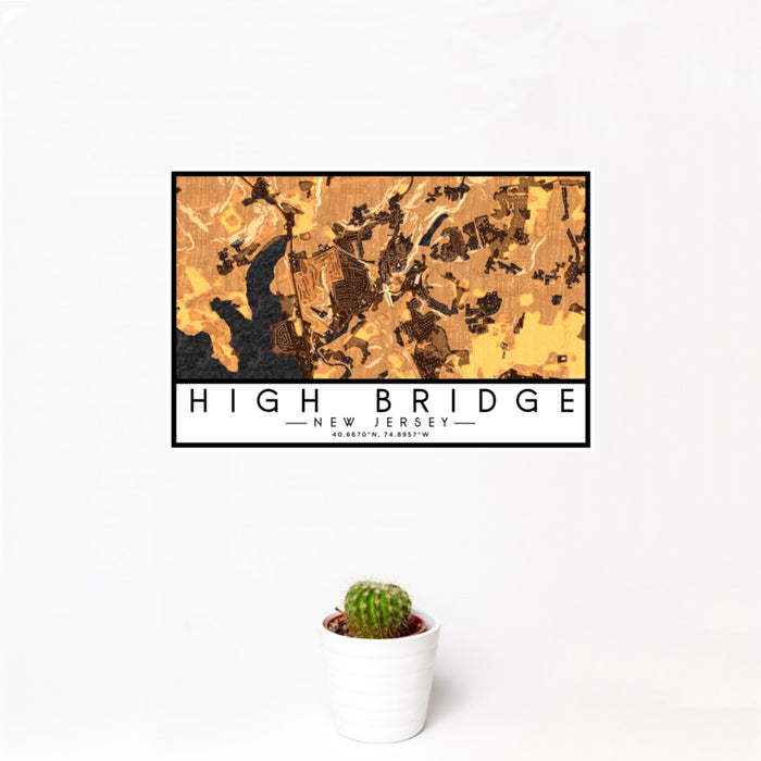 12x18 High Bridge New Jersey Map Print Landscape Orientation in Ember Style With Small Cactus Plant in White Planter