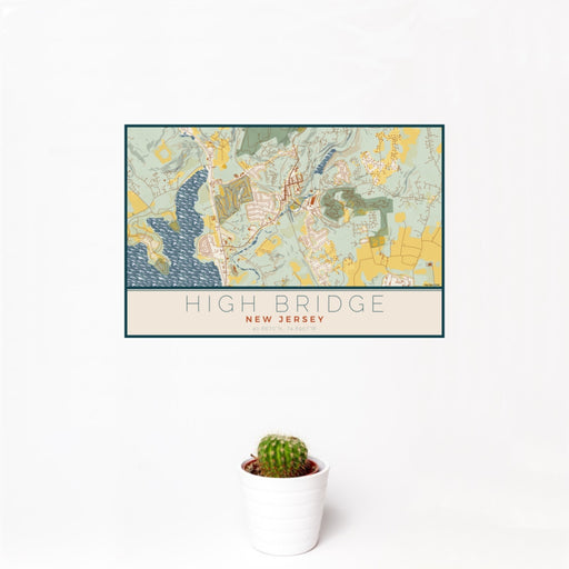 12x18 High Bridge New Jersey Map Print Landscape Orientation in Woodblock Style With Small Cactus Plant in White Planter