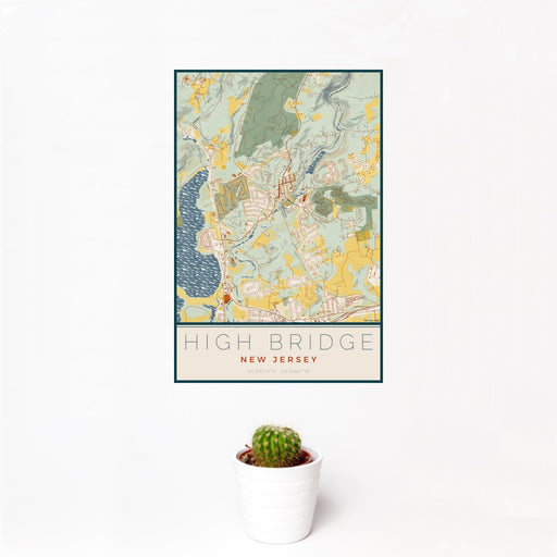 12x18 High Bridge New Jersey Map Print Portrait Orientation in Woodblock Style With Small Cactus Plant in White Planter