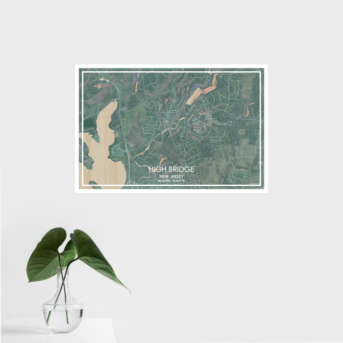 16x24 High Bridge New Jersey Map Print Landscape Orientation in Afternoon Style With Tropical Plant Leaves in Water