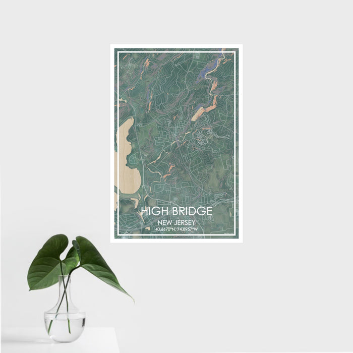 16x24 High Bridge New Jersey Map Print Portrait Orientation in Afternoon Style With Tropical Plant Leaves in Water