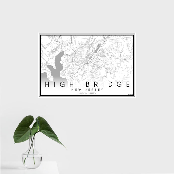 16x24 High Bridge New Jersey Map Print Landscape Orientation in Classic Style With Tropical Plant Leaves in Water