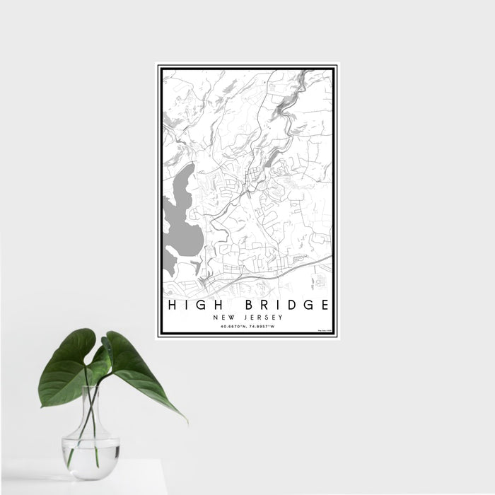 16x24 High Bridge New Jersey Map Print Portrait Orientation in Classic Style With Tropical Plant Leaves in Water