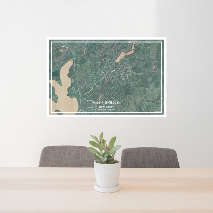 24x36 High Bridge New Jersey Map Print Lanscape Orientation in Afternoon Style Behind 2 Chairs Table and Potted Plant