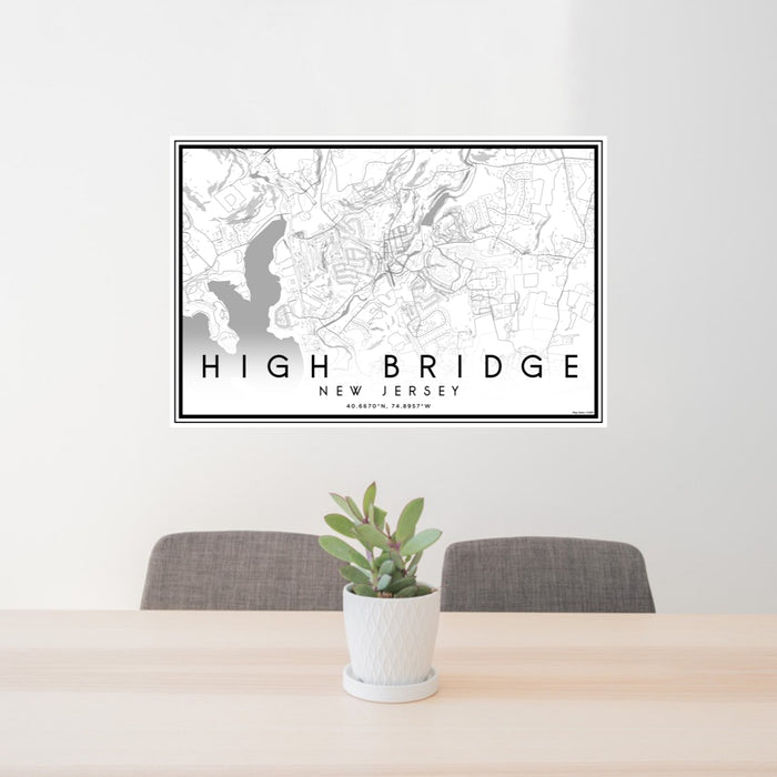 24x36 High Bridge New Jersey Map Print Lanscape Orientation in Classic Style Behind 2 Chairs Table and Potted Plant