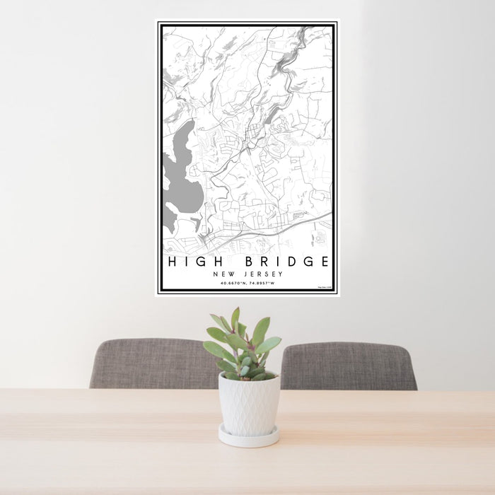 24x36 High Bridge New Jersey Map Print Portrait Orientation in Classic Style Behind 2 Chairs Table and Potted Plant