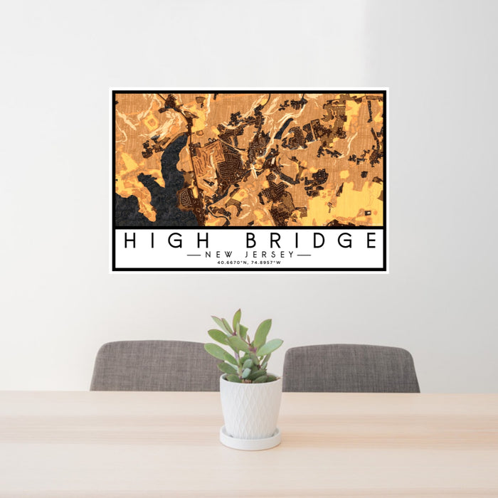 24x36 High Bridge New Jersey Map Print Lanscape Orientation in Ember Style Behind 2 Chairs Table and Potted Plant