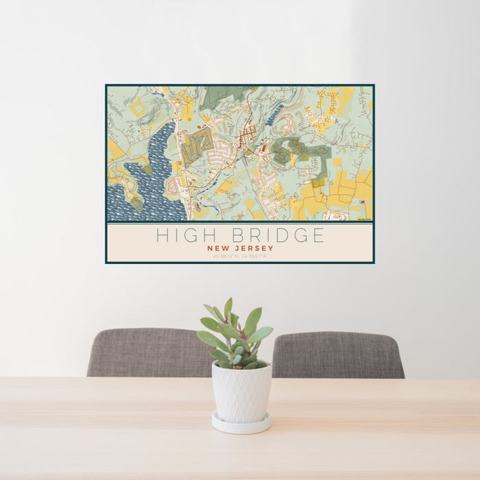 24x36 High Bridge New Jersey Map Print Lanscape Orientation in Woodblock Style Behind 2 Chairs Table and Potted Plant