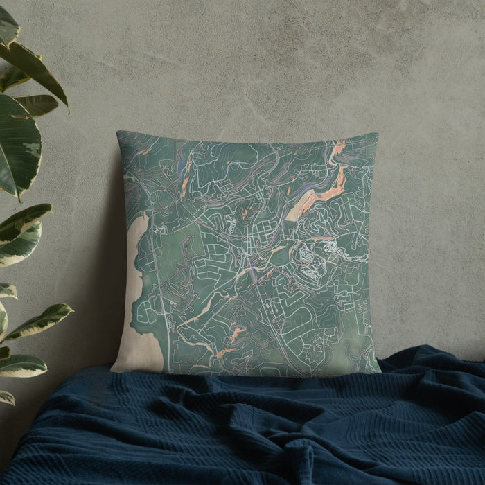 Custom High Bridge New Jersey Map Throw Pillow in Afternoon on Bedding Against Wall