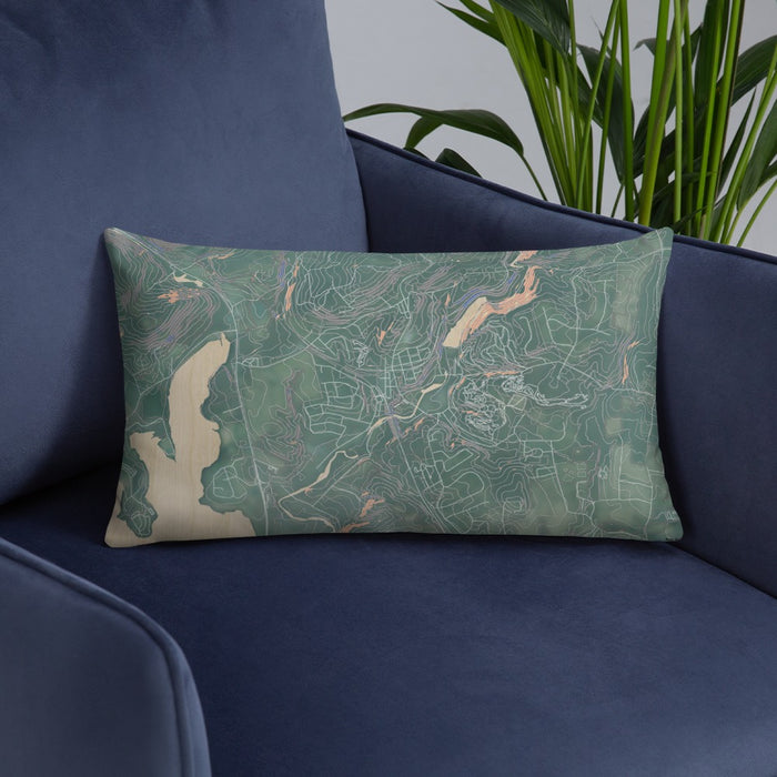 Custom High Bridge New Jersey Map Throw Pillow in Afternoon on Blue Colored Chair