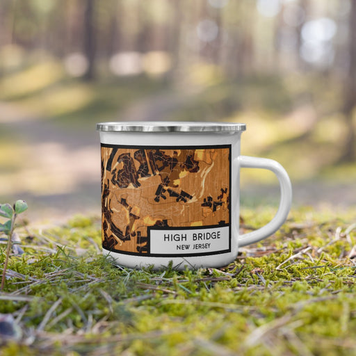 Right View Custom High Bridge New Jersey Map Enamel Mug in Ember on Grass With Trees in Background