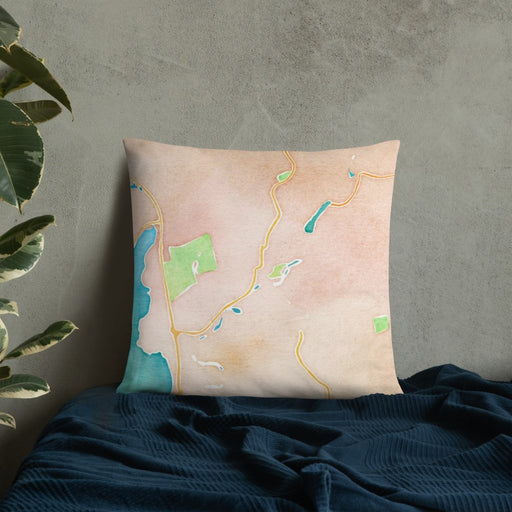 Custom High Bridge New Jersey Map Throw Pillow in Watercolor on Bedding Against Wall