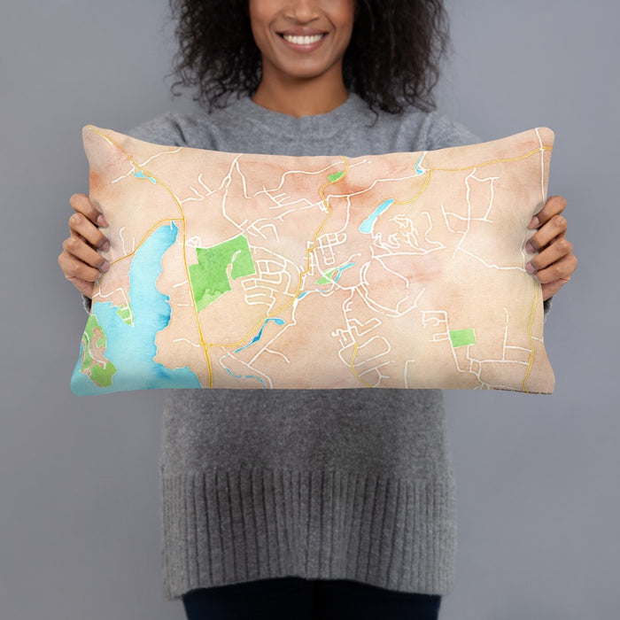 Person holding 20x12 Custom High Bridge New Jersey Map Throw Pillow in Watercolor