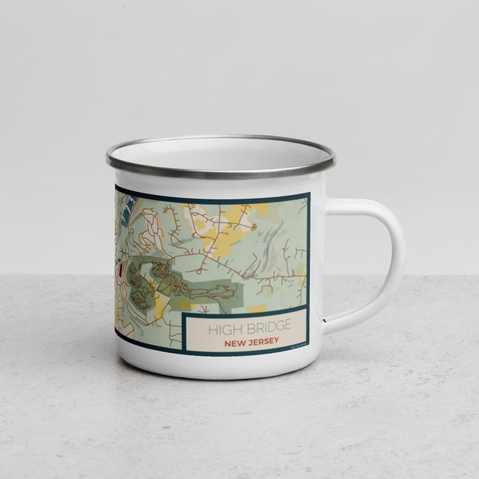 Right View Custom High Bridge New Jersey Map Enamel Mug in Woodblock