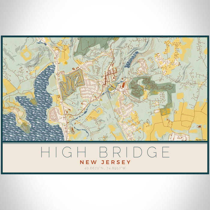 High Bridge New Jersey Map Print Landscape Orientation in Woodblock Style With Shaded Background