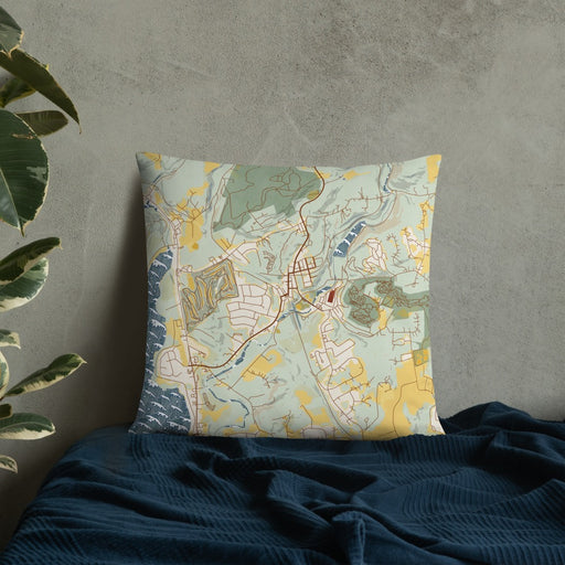 Custom High Bridge New Jersey Map Throw Pillow in Woodblock on Bedding Against Wall