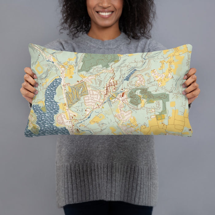 Person holding 20x12 Custom High Bridge New Jersey Map Throw Pillow in Woodblock