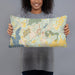 Person holding 20x12 Custom High Bridge New Jersey Map Throw Pillow in Woodblock