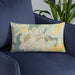 Custom High Bridge New Jersey Map Throw Pillow in Woodblock on Blue Colored Chair