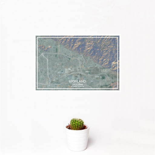 12x18 Highland California Map Print Landscape Orientation in Afternoon Style With Small Cactus Plant in White Planter