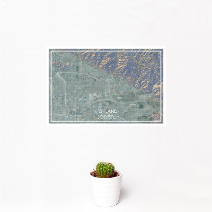 12x18 Highland California Map Print Landscape Orientation in Afternoon Style With Small Cactus Plant in White Planter