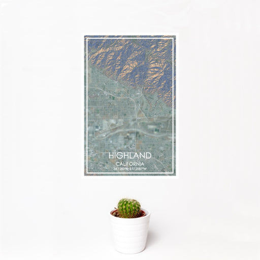 12x18 Highland California Map Print Portrait Orientation in Afternoon Style With Small Cactus Plant in White Planter