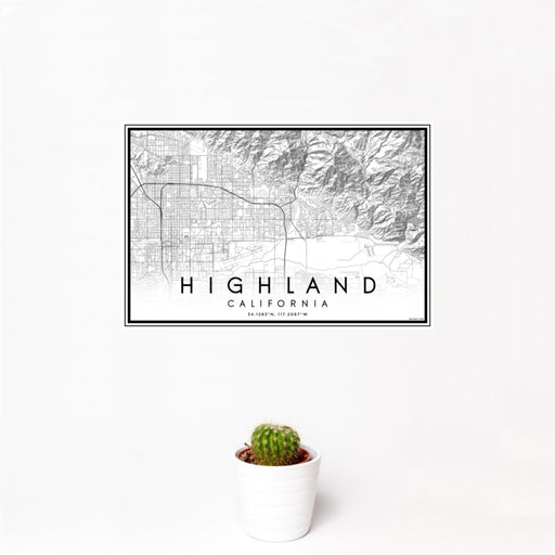 12x18 Highland California Map Print Landscape Orientation in Classic Style With Small Cactus Plant in White Planter