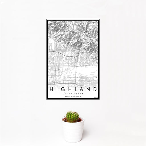 12x18 Highland California Map Print Portrait Orientation in Classic Style With Small Cactus Plant in White Planter