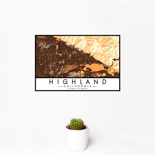 12x18 Highland California Map Print Landscape Orientation in Ember Style With Small Cactus Plant in White Planter